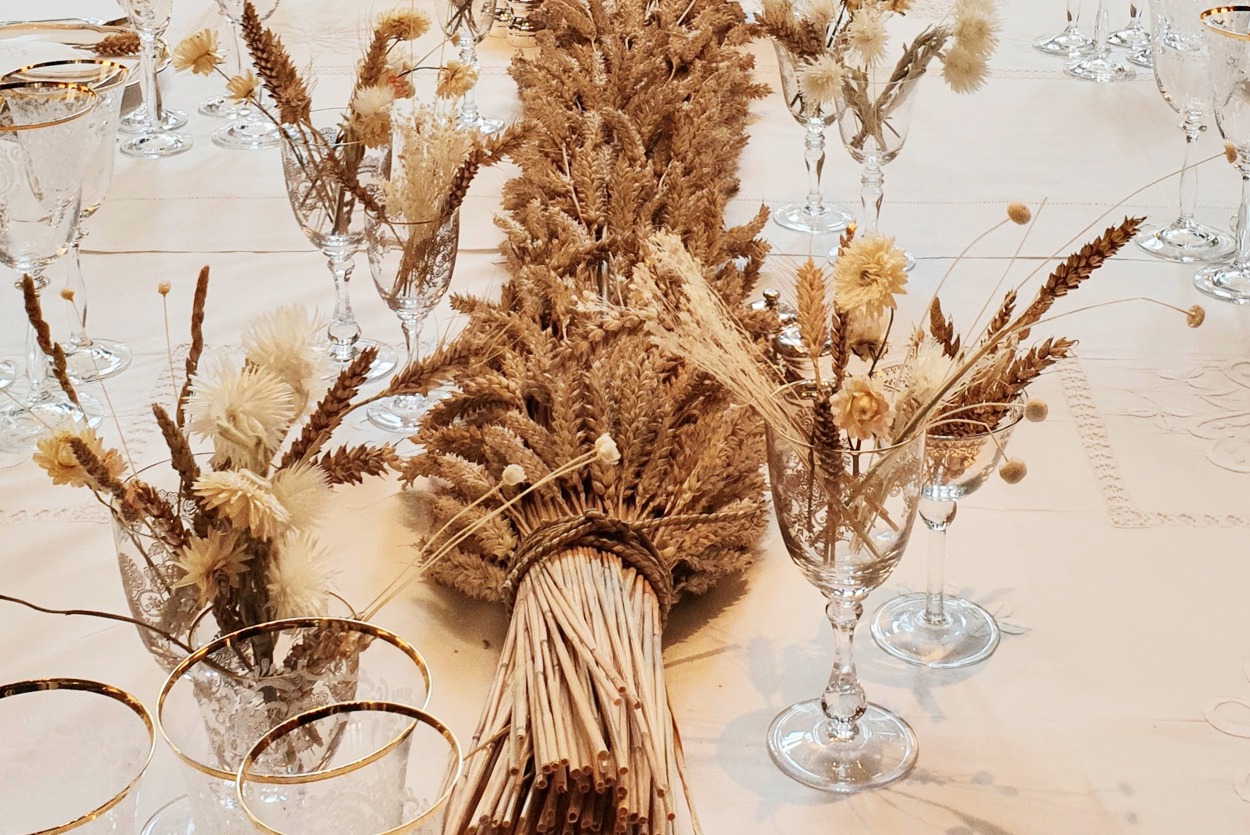 Dried wheat table display for Chanel product launch